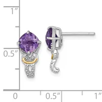A pair of silver stud earrings with cushion-cut purple amethyst stones set in ornate settings with gold accents and diamond details, shown at actual size on a measurement scale.
