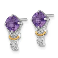 A pair of silver stud earrings featuring cushion-cut purple amethyst stones set above white diamond accents and gold-toned curved bands.