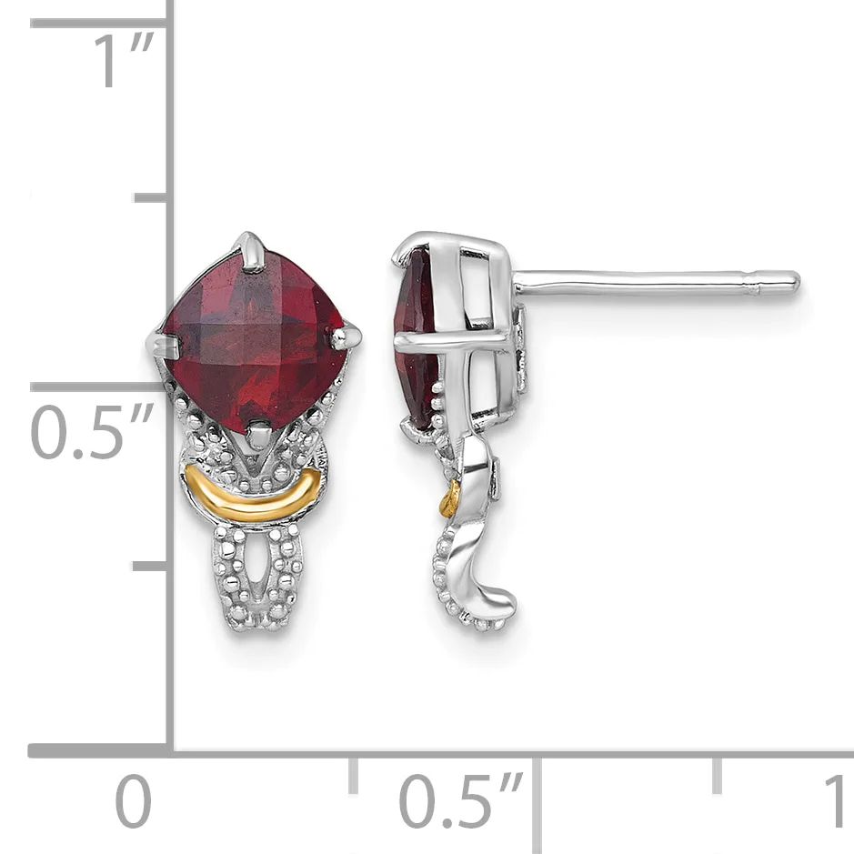 Pair of two-tone silver and gold earrings with cushion-cut faceted red gemstones and diamond accents, shown from front and side views with measurement scale.