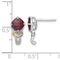 Pair of two-tone silver and gold earrings with cushion-cut faceted red gemstones and diamond accents, shown from front and side views with measurement scale.