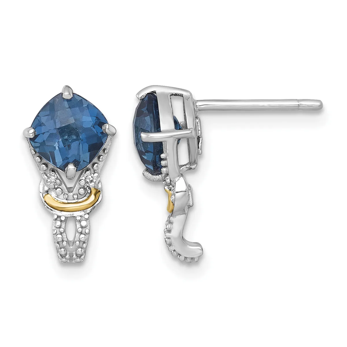 Pair of silver and gold two-tone stud earrings featuring cushion-cut blue topaz stones surrounded by diamond accents, shown from front and side views.
