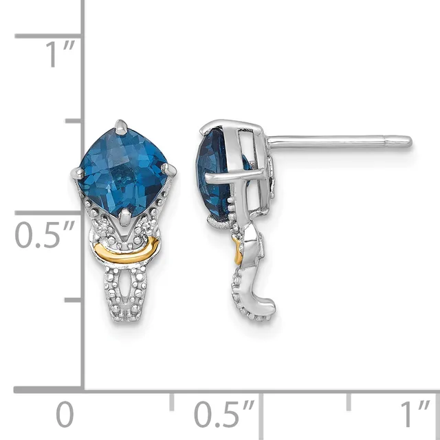 Two-tone silver and gold earrings with cushion-cut blue topaz stones set in ornate settings with diamond accents, shown from front and side views with a measurement scale.