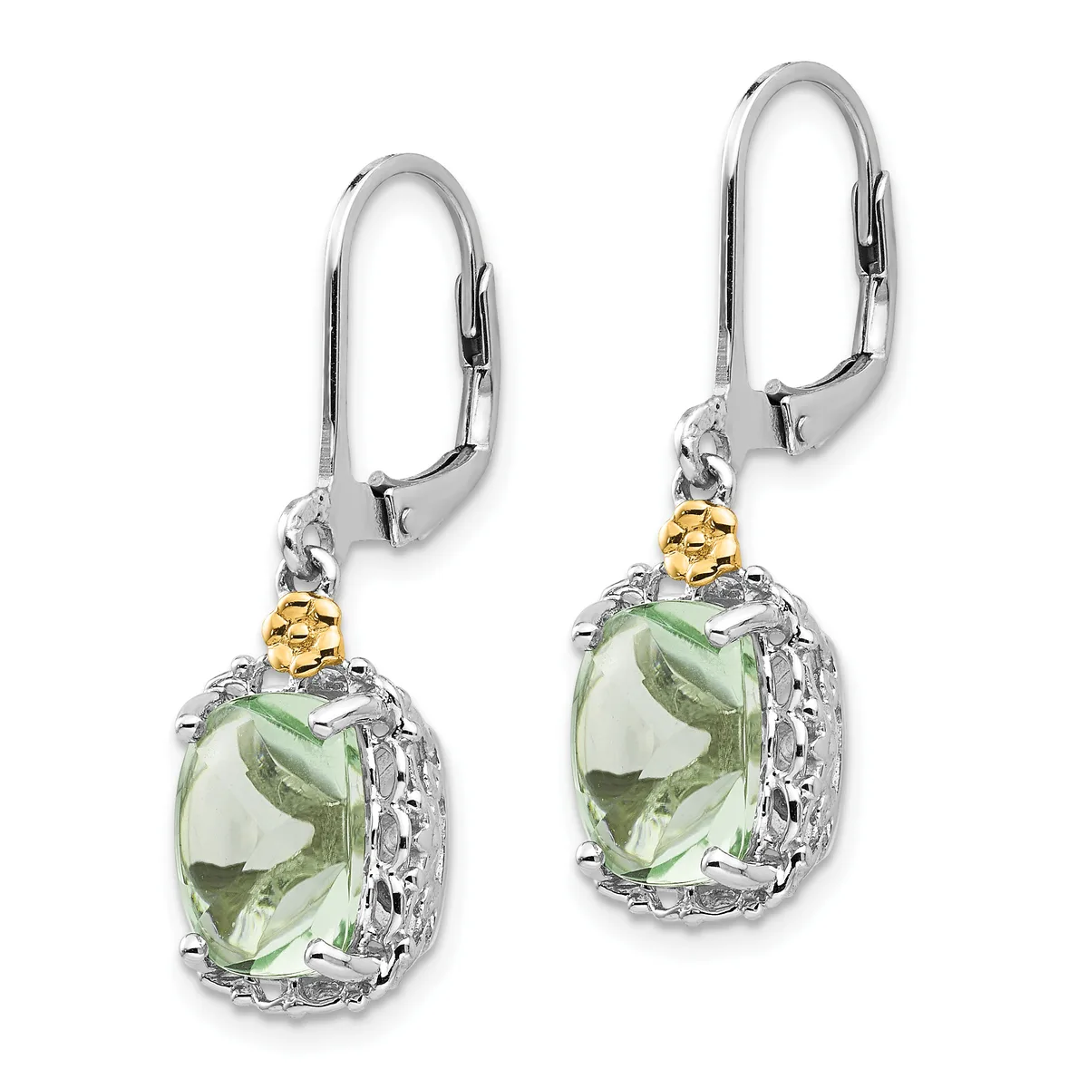 A pair of silver lever-back earrings with green cushion-cut stones surrounded by white stone halos and gold-tone accents.