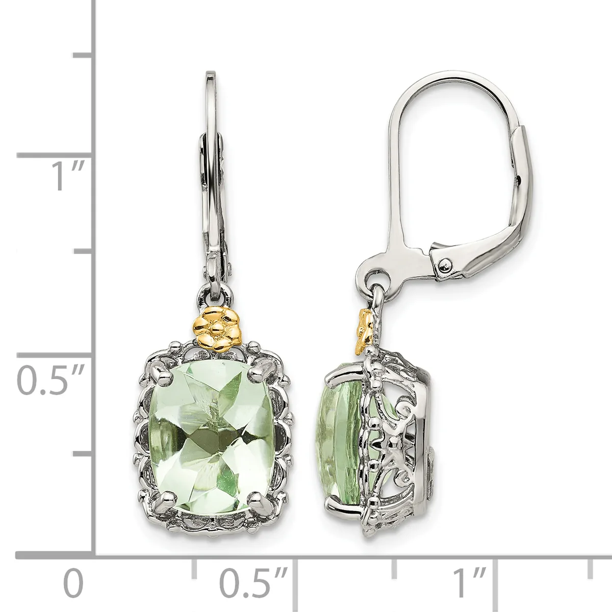 Two-toned leverback earrings featuring cushion-cut green quartz stones set in ornate silver filigree settings with gold-tone accents, shown against a measurement scale.