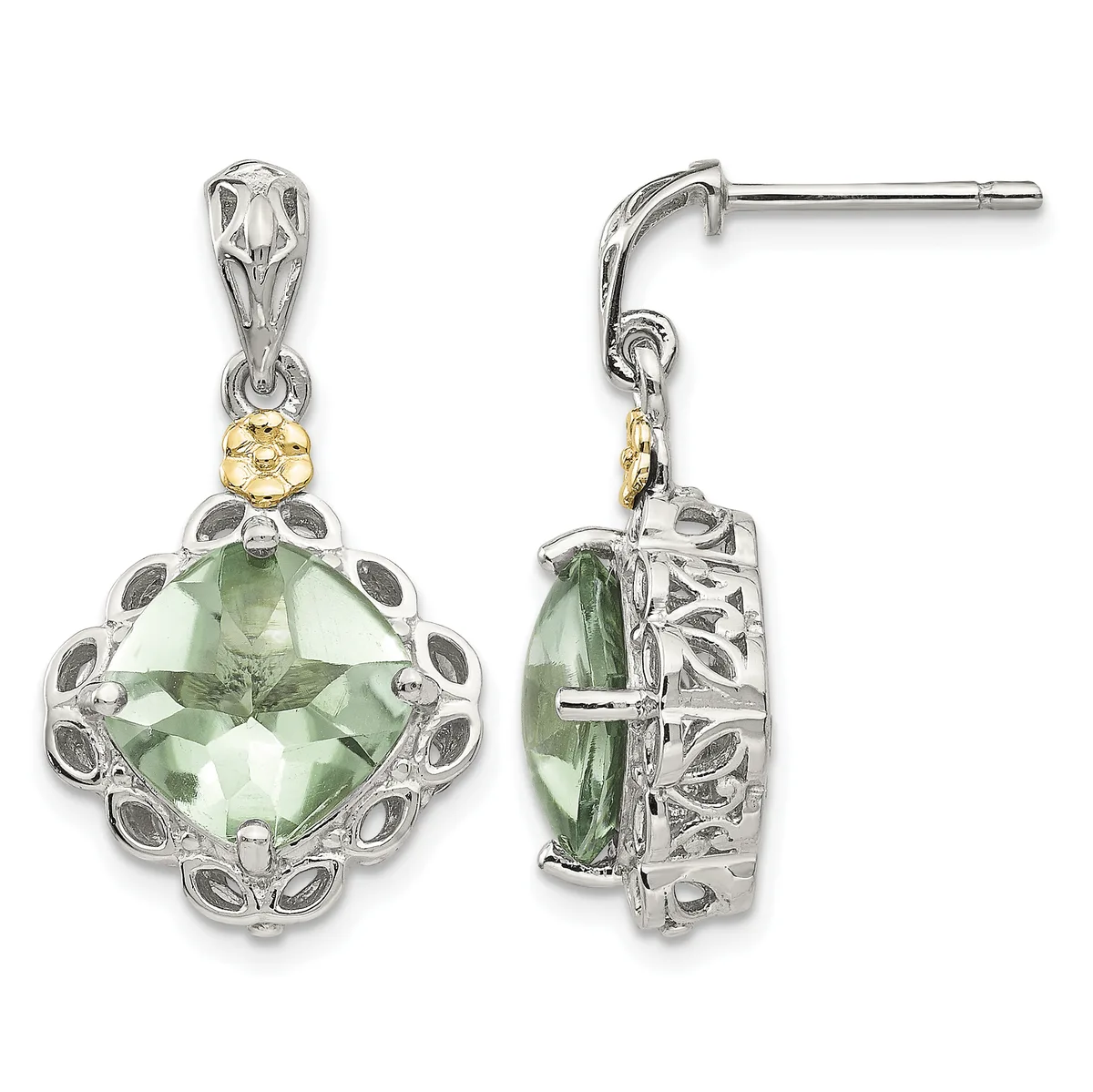 Pair of silver drop earrings with cushion-cut green quartz stones surrounded by ornate filigree settings and gold-tone accents, shown from front and back views.