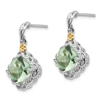 Pair of silver drop earrings with gold accents, featuring cushion-cut green gemstones surrounded by ornate filigree settings and post backs.