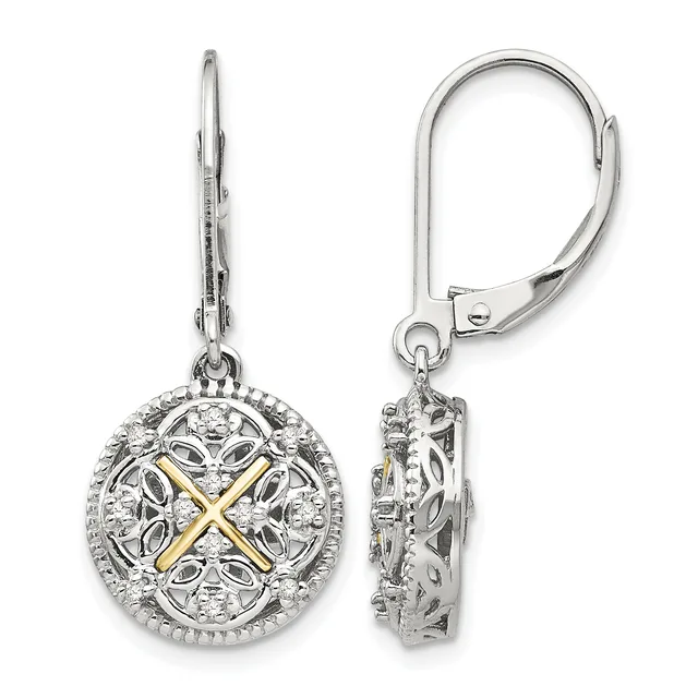 Pair of silver lever-back earrings with circular medallion pendants featuring ornate filigree designs, gold-tone crossed X centers, and diamond accents around the borders.