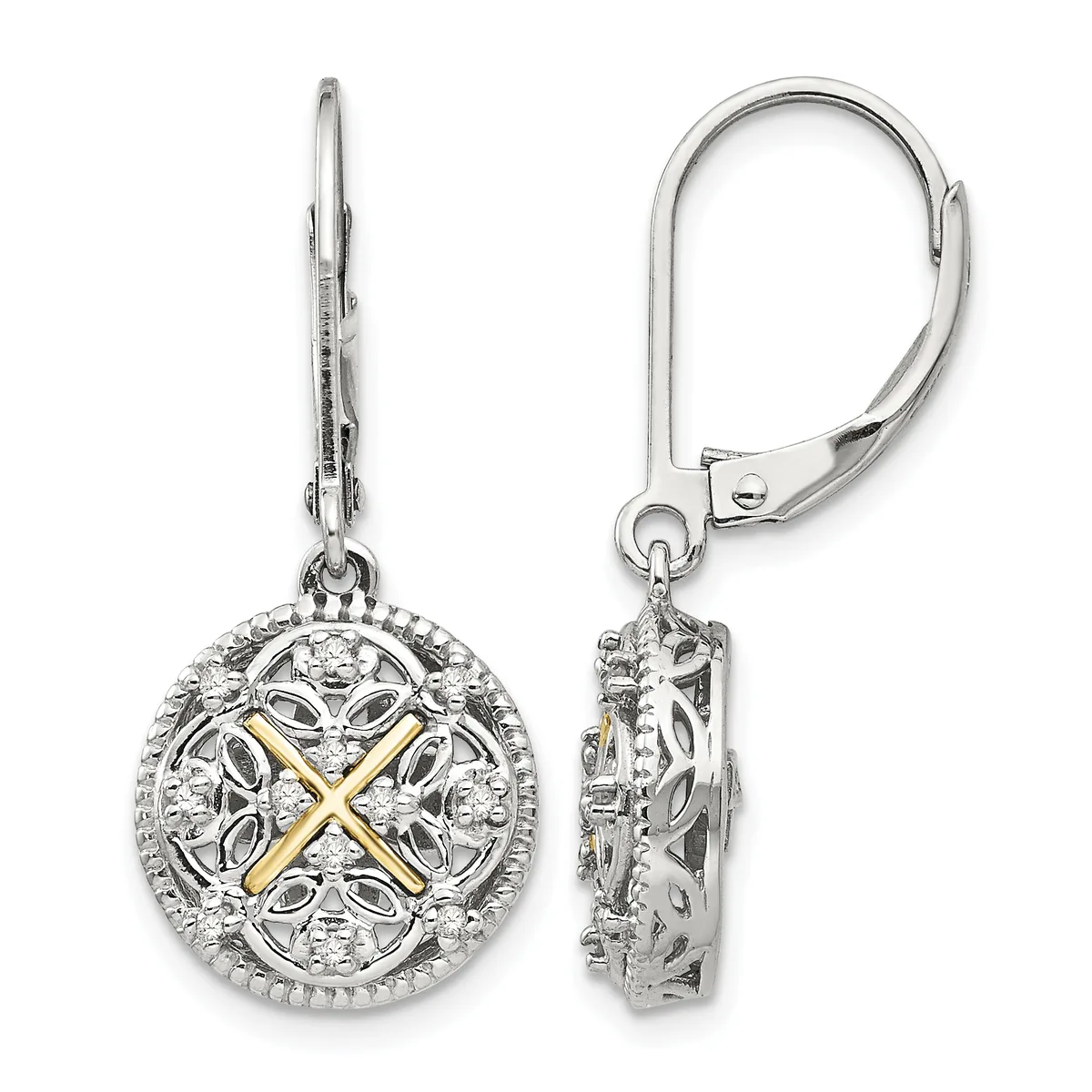 Pair of silver lever-back earrings with circular medallion pendants featuring ornate filigree designs, gold-tone crossed X centers, and diamond accents around the borders.