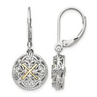 Pair of silver lever-back earrings with circular medallion pendants featuring ornate filigree designs, gold-tone crossed X centers, and diamond accents around the borders.