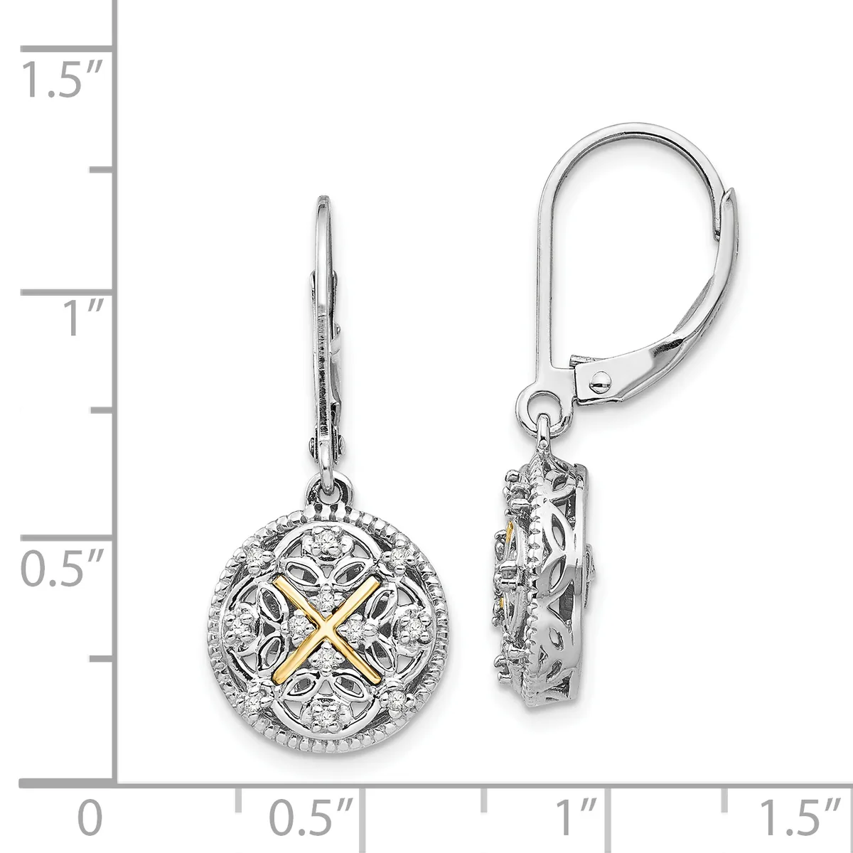 A pair of ornate silver and gold two-tone lever back earrings with circular filigree pendants set with diamonds, displayed next to a measurement scale.