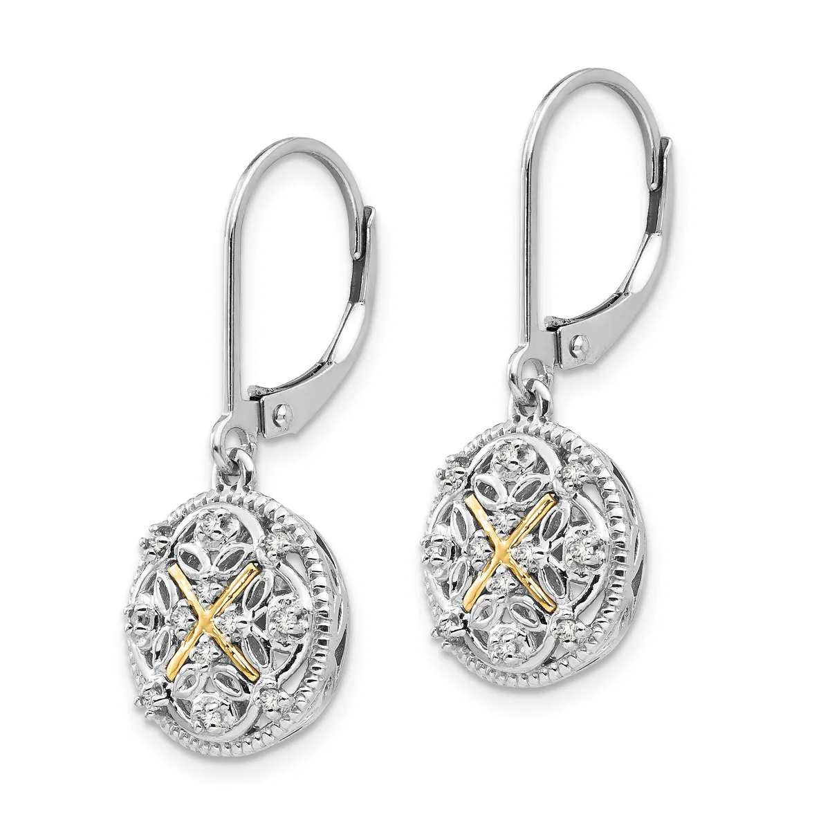 Pair of silver lever-back earrings with oval filigree pendants featuring gold-tone cross details in the center.