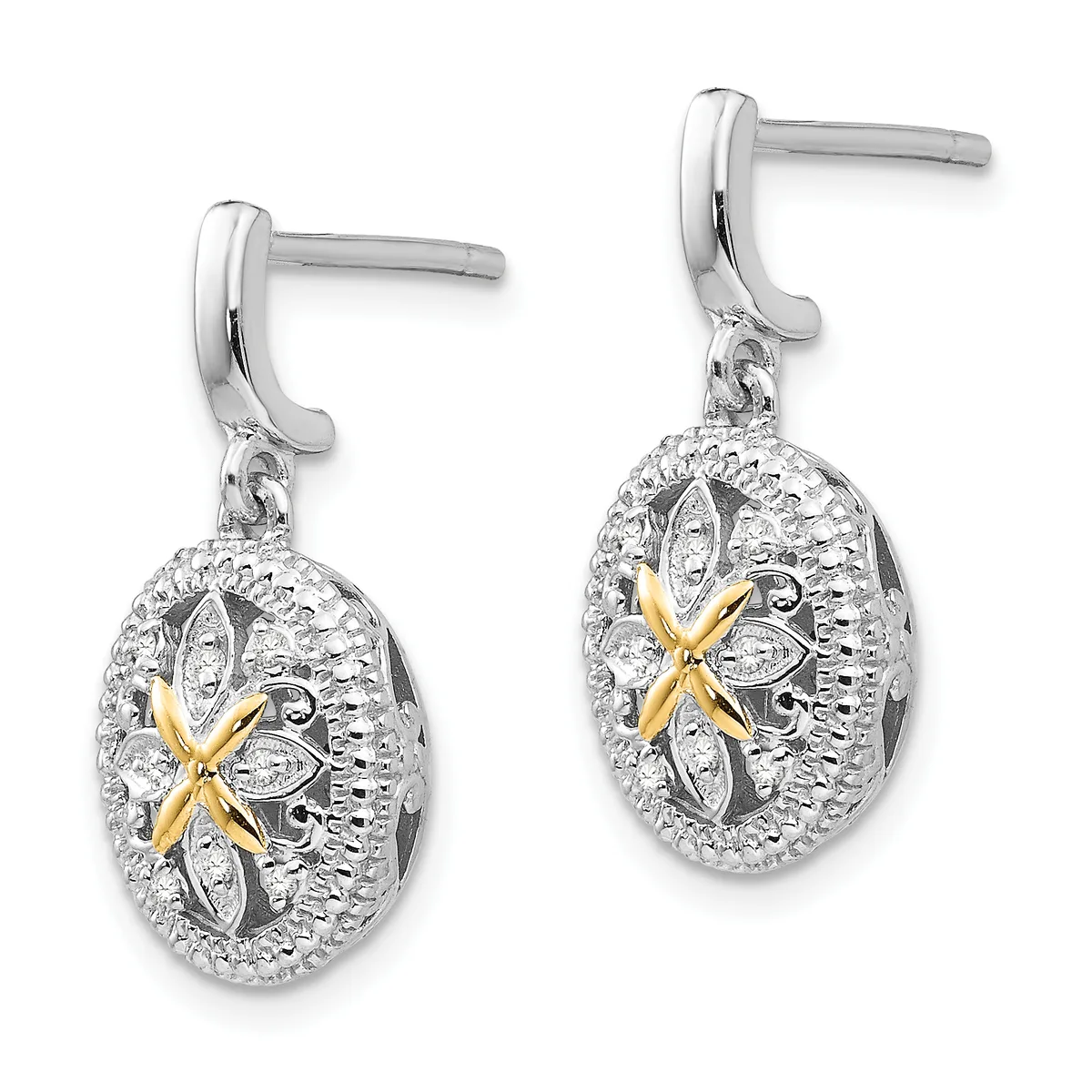 Pair of silver drop earrings with textured oval pendants featuring gold-toned cross designs and diamond-shaped cutouts, suspended from curved posts with backs.