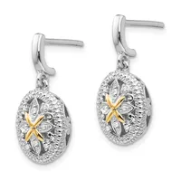 Pair of silver drop earrings with textured oval pendants featuring gold-toned cross designs and diamond-shaped cutouts, suspended from curved posts with backs.
