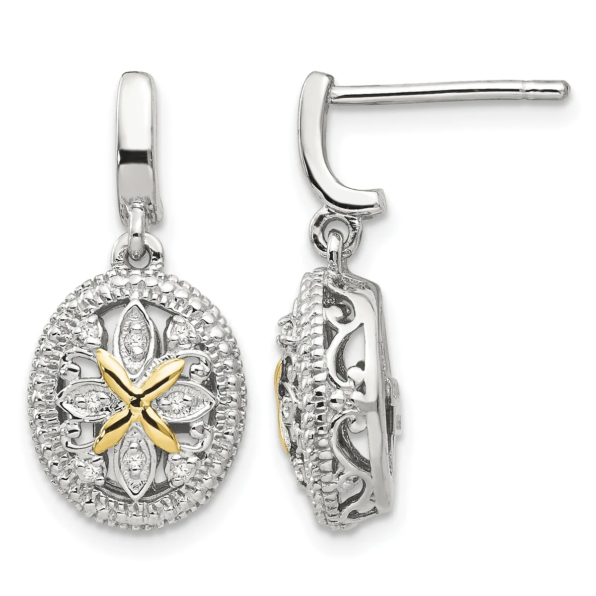 Pair of silver drop earrings with oval decorative pendants featuring gold-tone floral centers and diamond accents, shown from front and side views.