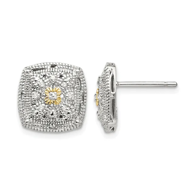 Pair of square cushion-shaped diamond stud earrings in two-tone white and yellow gold with textured surfaces and center diamonds, shown from front and side views.