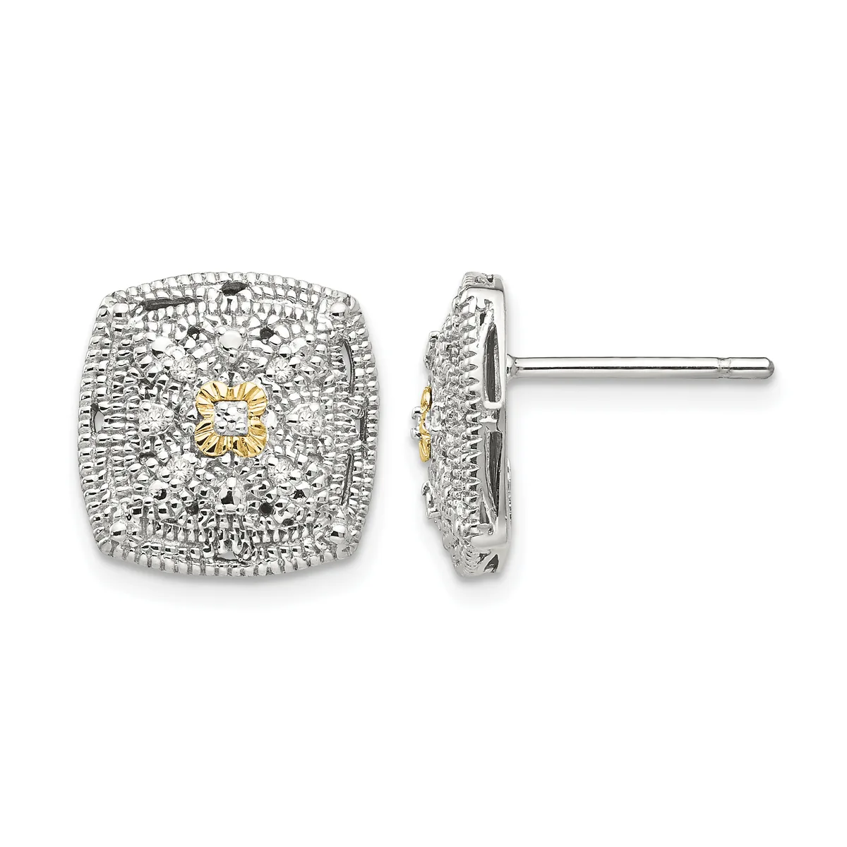 Pair of square cushion-shaped diamond stud earrings in two-tone white and yellow gold with textured surfaces and center diamonds, shown from front and side views.