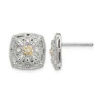 Pair of square cushion-shaped diamond stud earrings in two-tone white and yellow gold with textured surfaces and center diamonds, shown from front and side views.