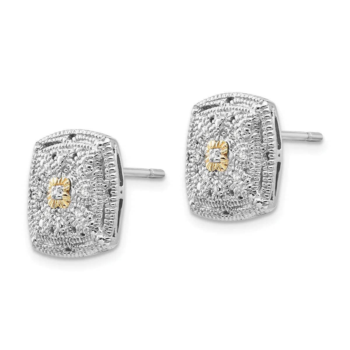 A pair of silver stud earrings with textured surfaces, each featuring a small gold accent in the center and a decorative beaded border.