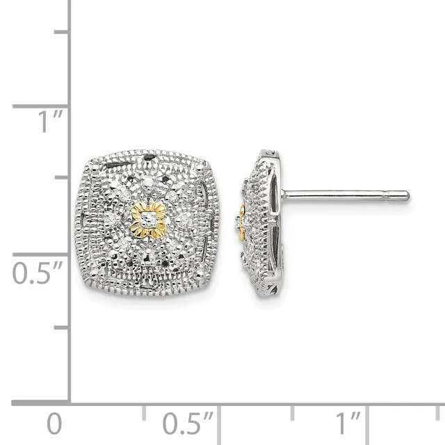 Square stud earrings with white and yellow gold finish, featuring a cushion-shaped design with diamond pavé setting and a small central yellow gold accent, shown front and side view against a measurement scale.