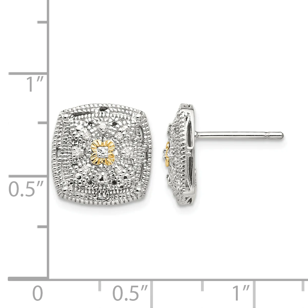 Square stud earrings with white and yellow gold finish, featuring a cushion-shaped design with diamond pavé setting and a small central yellow gold accent, shown front and side view against a measurement scale.