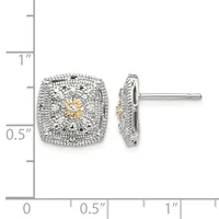 Square stud earrings with white and yellow gold finish, featuring a cushion-shaped design with diamond pavé setting and a small central yellow gold accent, shown front and side view against a measurement scale.