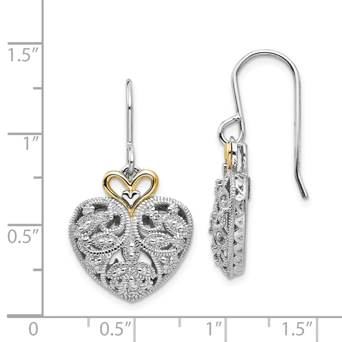 A pair of heart-shaped earrings with textured silver finish and gold-tone heart details at the top, shown on a measurement scale indicating approximately 1.25 inches in length.