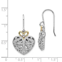 A pair of heart-shaped earrings with textured silver finish and gold-tone heart details at the top, shown on a measurement scale indicating approximately 1.25 inches in length.