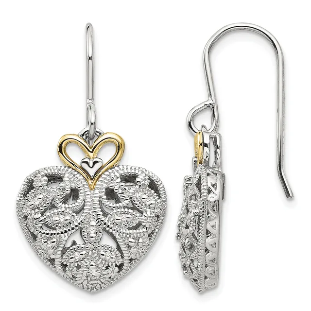 Pair of silver heart-shaped drop earrings with ornate filigree detailing and gold-toned heart charms on silver ear wires, shown from front and side views.