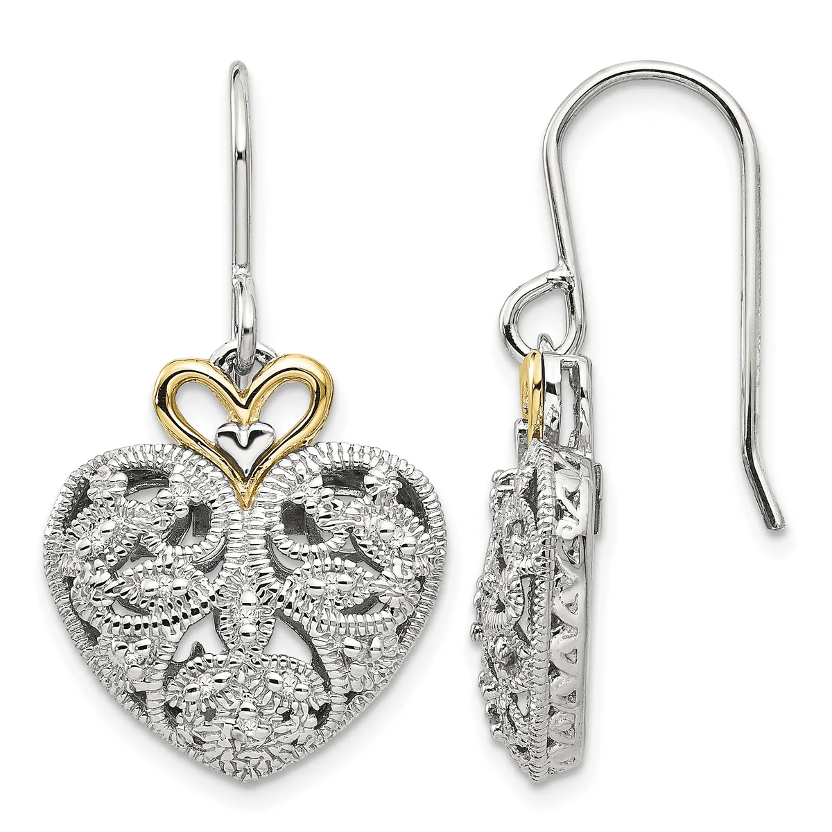 Pair of silver heart-shaped drop earrings with ornate filigree detailing and gold-toned heart charms on silver ear wires, shown from front and side views.