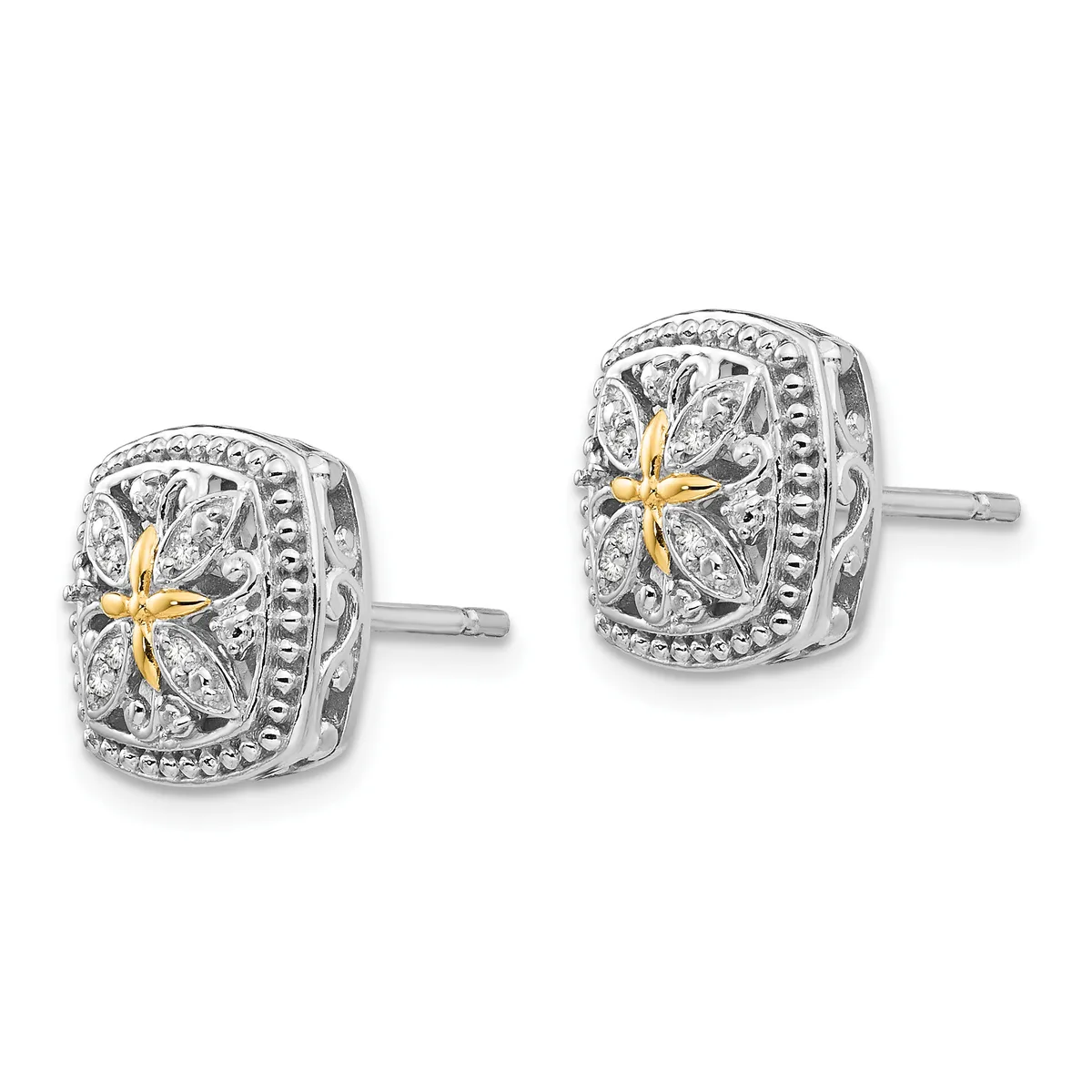 A pair of silver stud earrings with cushion-shaped faces featuring diamond accents and gold-tone cross designs in the center, shown from the front.