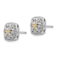 A pair of silver stud earrings with cushion-shaped faces featuring diamond accents and gold-tone cross designs in the center, shown from the front.
