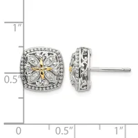 Pair of two-tone square stud earrings with ornate filigree design, diamond accents, and a gold cross motif in the center, shown front and side view with measurement scale.