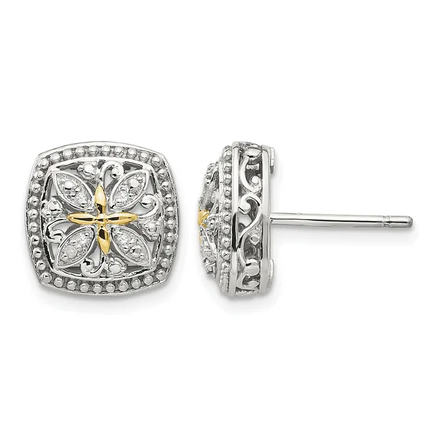 Pair of square stud earrings with ornate filigree design featuring a gold-tone cross at center, diamond accents, and a beaded border, shown from front and side views.