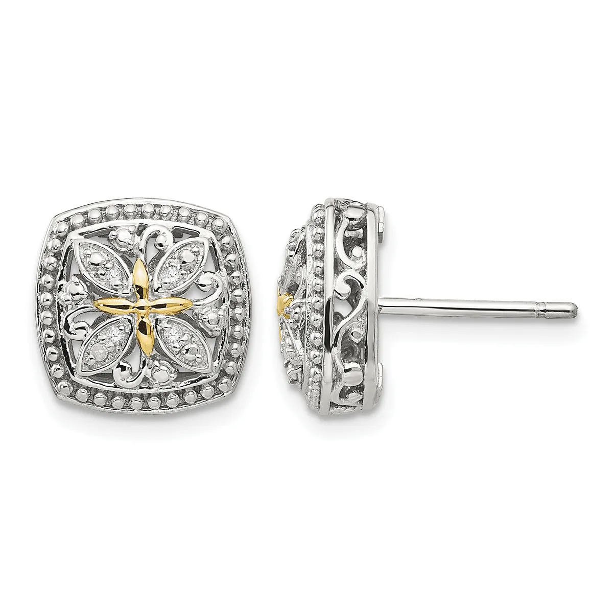 Pair of square stud earrings with ornate filigree design featuring a gold-tone cross at center, diamond accents, and a beaded border, shown from front and side views.
