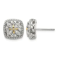 Pair of square stud earrings with ornate filigree design featuring a gold-tone cross at center, diamond accents, and a beaded border, shown from front and side views.