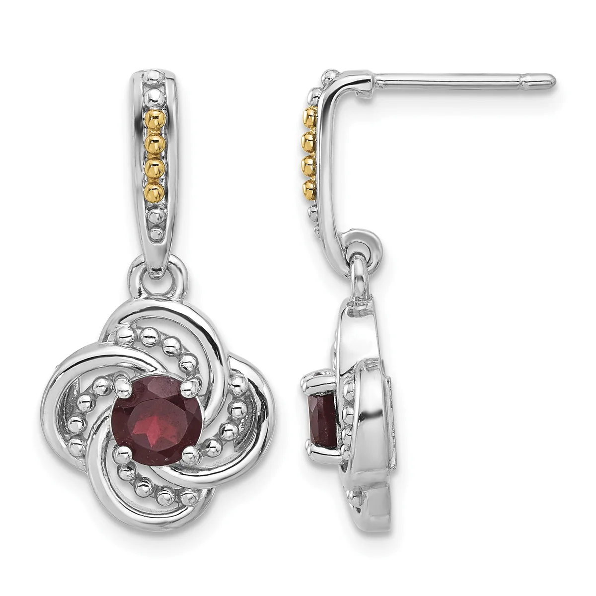 Pair of two-tone silver and gold drop earrings with twisted looped design featuring round red gemstones in the center, shown from front and side views.