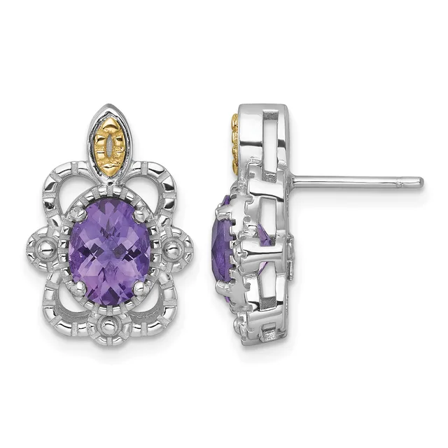 Pair of ornate silver and gold earrings with oval purple amethyst stones set in decorative floral frames, shown from front and side views.