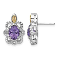 Pair of ornate silver and gold earrings with oval purple amethyst stones set in decorative floral frames, shown from front and side views.