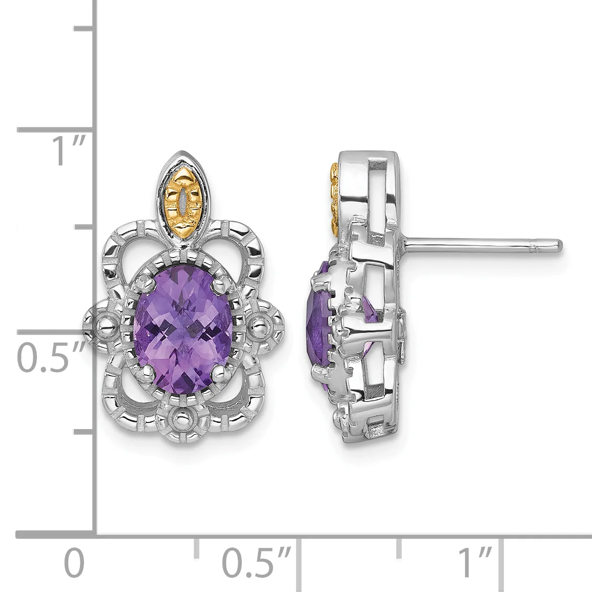 Ornate silver and gold stud earrings with oval purple amethyst stones surrounded by decorative scrollwork, shown from front and side views with a measurement scale.