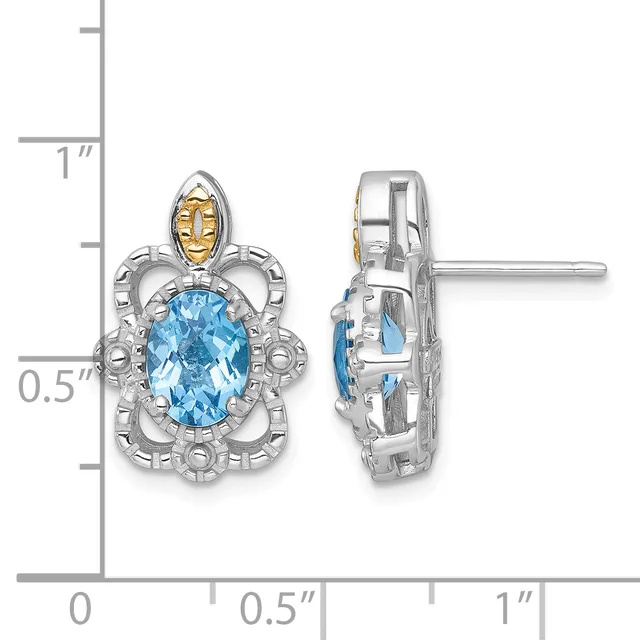 Two views of ornate silver stud earrings with oval blue topaz centers, decorative scrollwork frames, and gold-tone accent details, shown against a measurement scale.