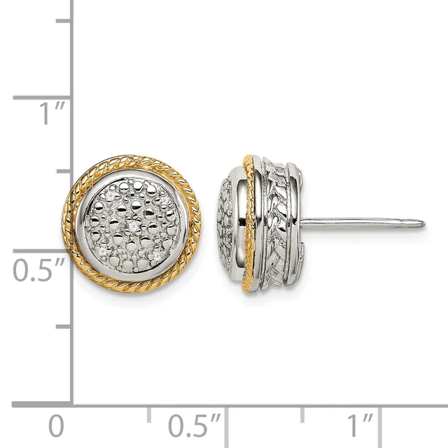 Pair of two-tone circular stud earrings with textured silver centers rimmed in twisted gold, shown with measurement scale indicating approximately half-inch diameter.