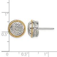 Pair of two-tone circular stud earrings with textured silver centers rimmed in twisted gold, shown with measurement scale indicating approximately half-inch diameter.