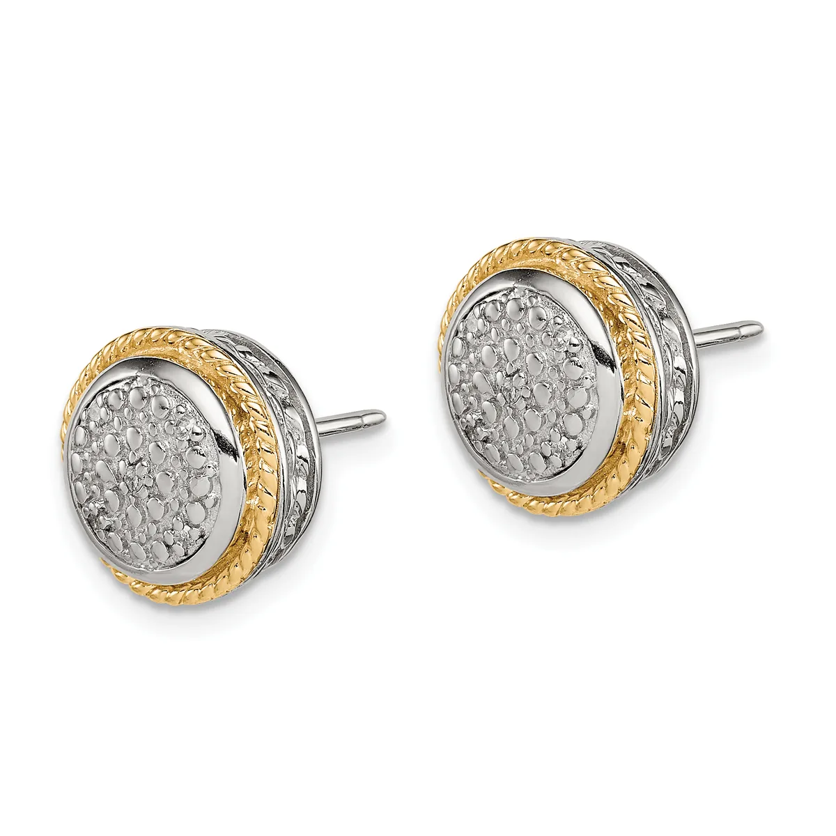 Pair of two-tone stud earrings with oval diamond centers framed by textured gold and silver bands, shown from the front against a white background.