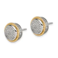 Pair of two-tone stud earrings with oval diamond centers framed by textured gold and silver bands, shown from the front against a white background.