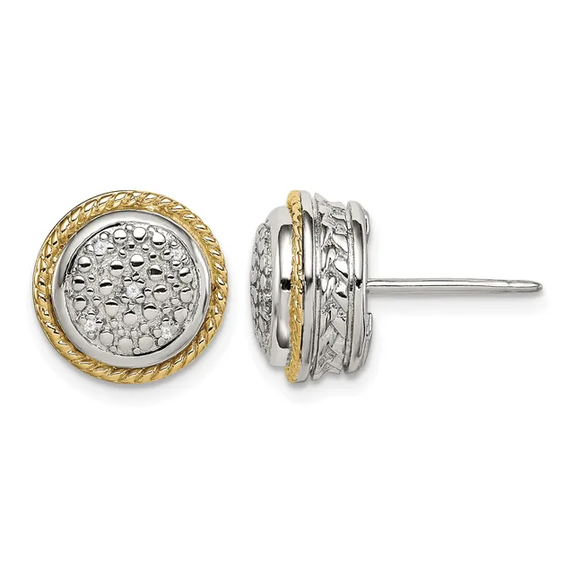 Pair of two-tone stud earrings with textured silver centers surrounded by twisted gold-tone borders, shown from front and side views.