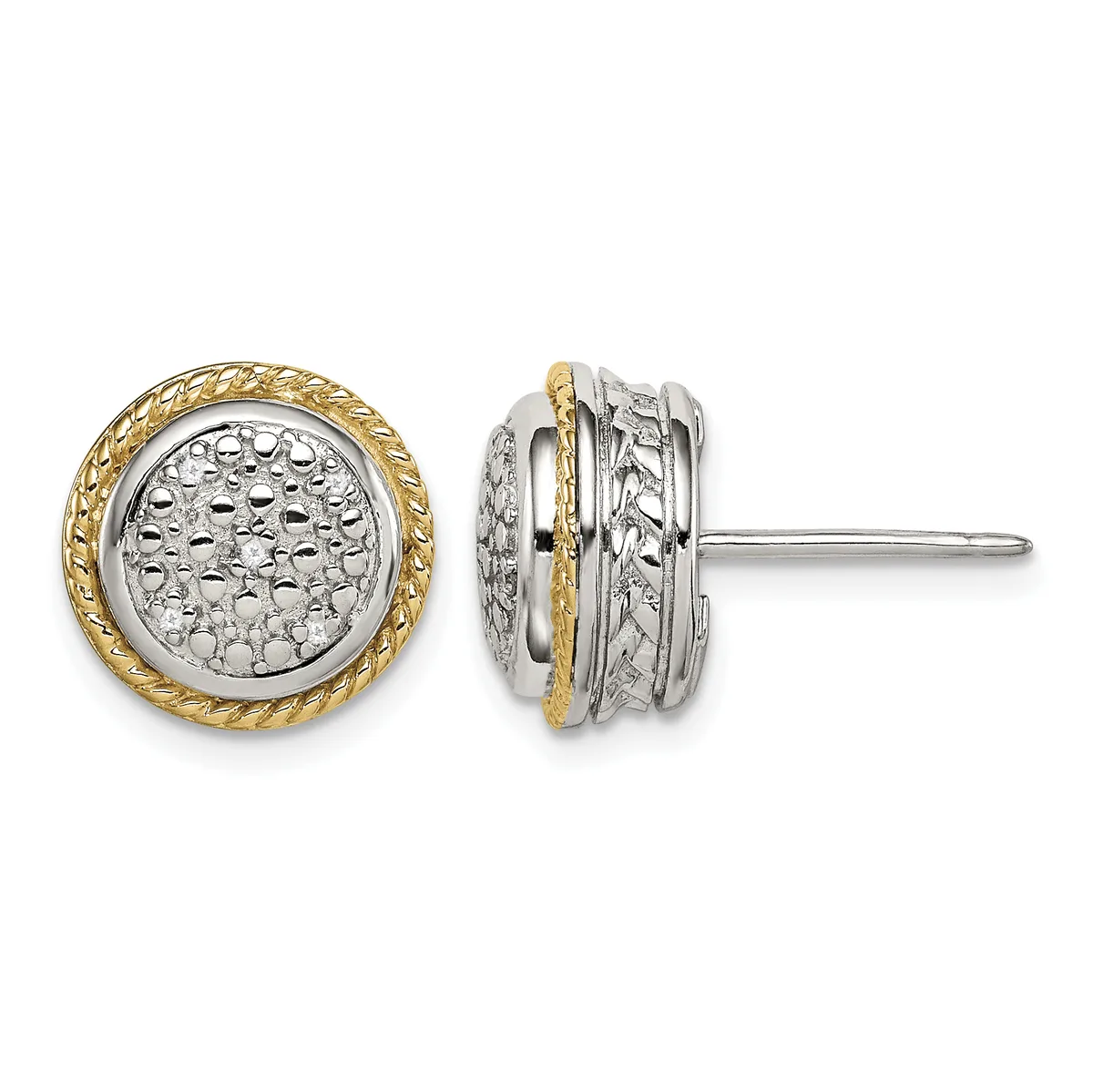 Pair of two-tone stud earrings with textured silver centers surrounded by twisted gold-tone borders, shown from front and side views.