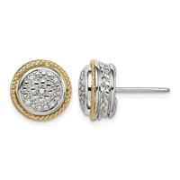 Pair of two-tone stud earrings with textured silver centers surrounded by twisted gold-tone borders, shown from front and side views.