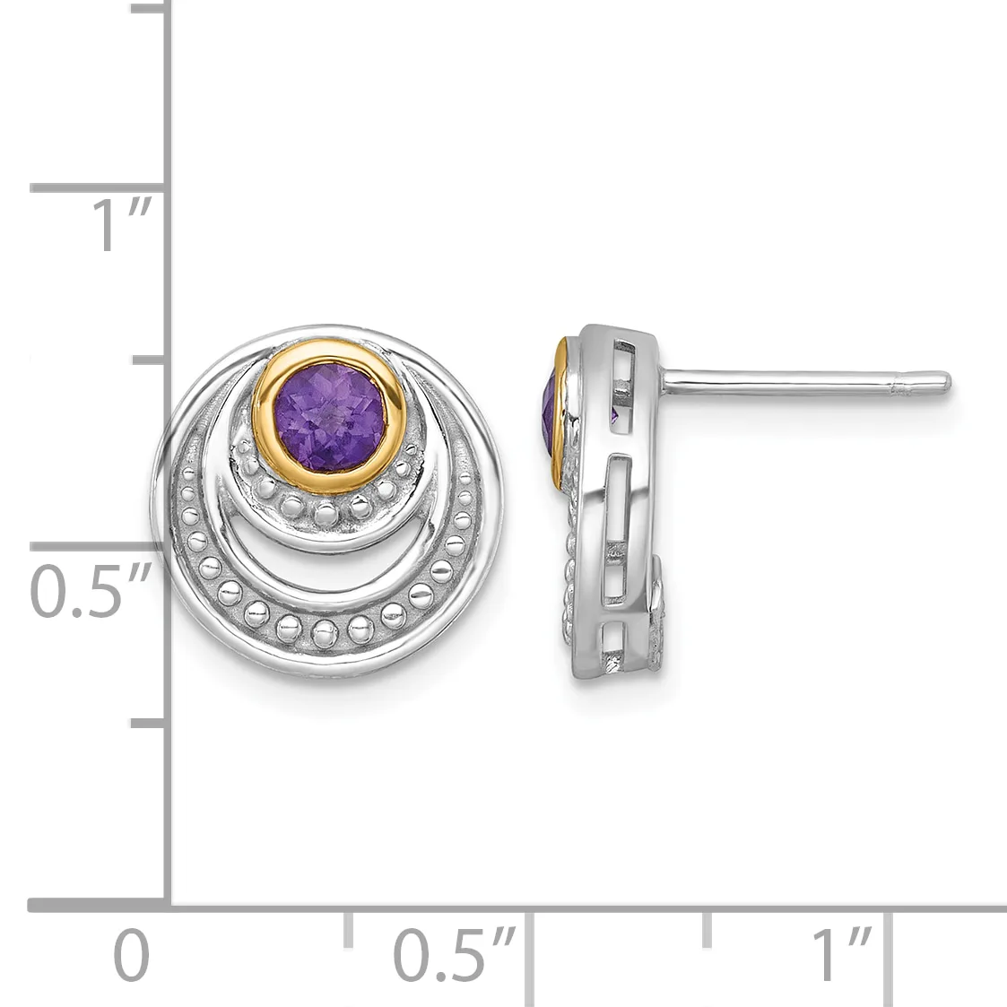 Pair of two-tone silver and gold stud earrings with purple round gemstones surrounded by concentric circular bezels dotted with small beads, shown next to a measurement ruler.