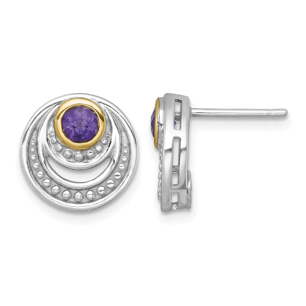 Pair of silver stud earrings with concentric circular designs, beaded borders, and purple round gemstones set in gold bezels, shown from front and side views.