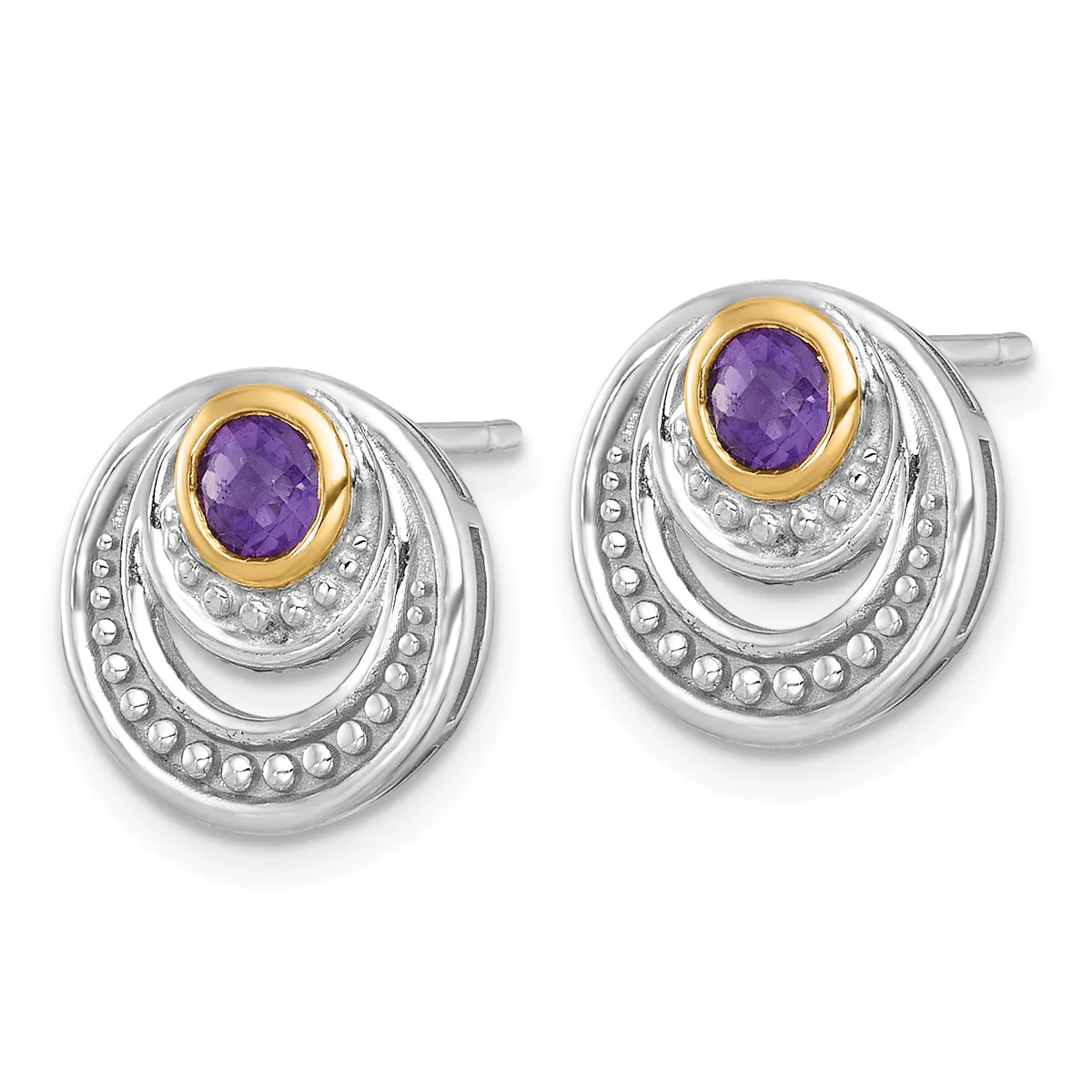 Pair of silver stud earrings with gold-plated bezels featuring oval amethyst stones surrounded by concentric oval frames set with small crystals.